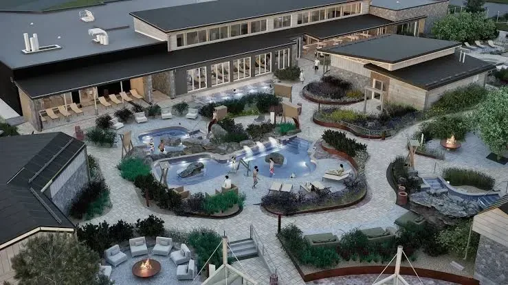 Countryside resort exterior at golden hour